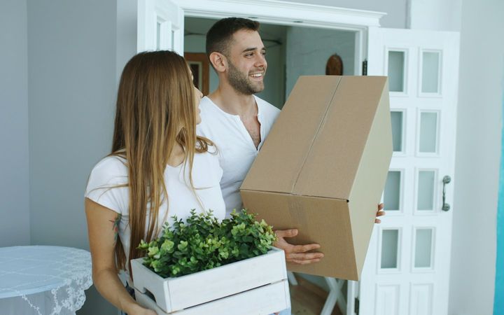 Paar trägt Umzugskartons und eine Pflanze in die neue Wohnung